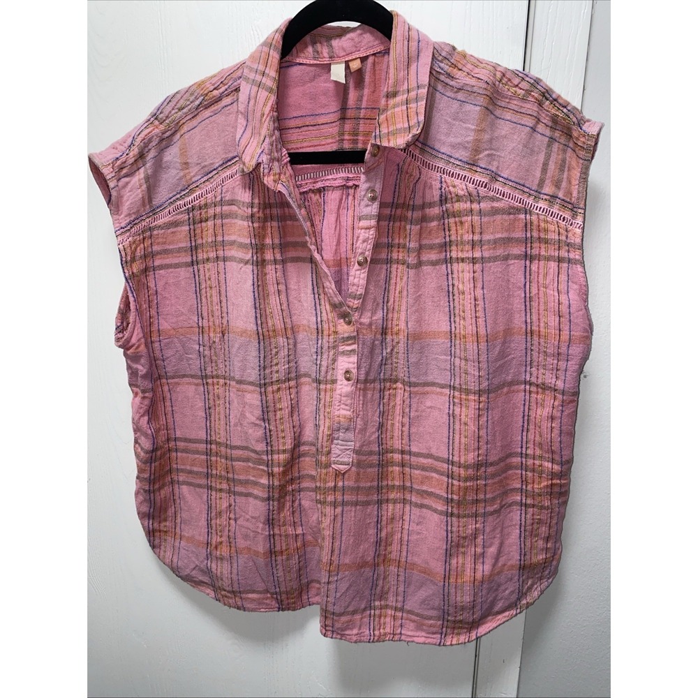 Pilcro Anthropologie Pink Plaid Sleeveless Button Front Top Small Oversized